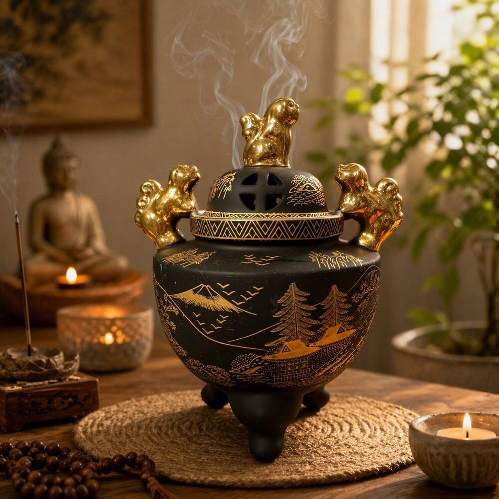 Vintage Japanese Kutani Black & Gold Foo Dog Ceramic Incense Burner (Koro)